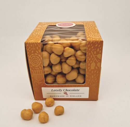 Pienet Suklaapäällysteiset Hasselpähkinät, paahdetulla valkosuklaalla.